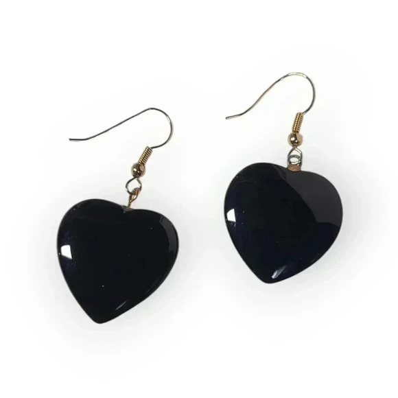 Goldtone black heart stone earrings  VTG style - Picture 6 of 13